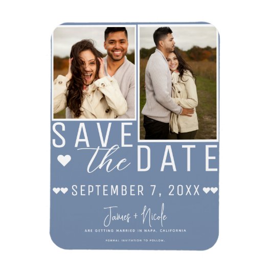 Modern Dusty Blue Save the Date 2 Foto Bruiloft Magneet (Verticaal)