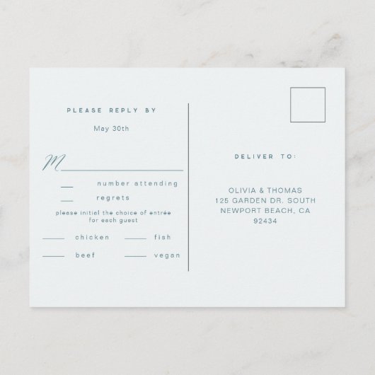 Modern Dusty Blue Script Beach Trouwmaaltijd RSVP Uitnodiging Briefkaart (Achterkant)