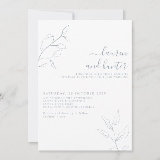 Modern Dusty Blue Script Botanical Photo Wedding Kaart (Voorkant)