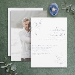 Modern Dusty Blue Script Botanical Photo Wedding Kaart