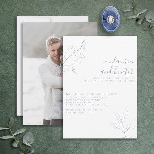 Modern Dusty Blue Script Botanical Photo Wedding Kaart