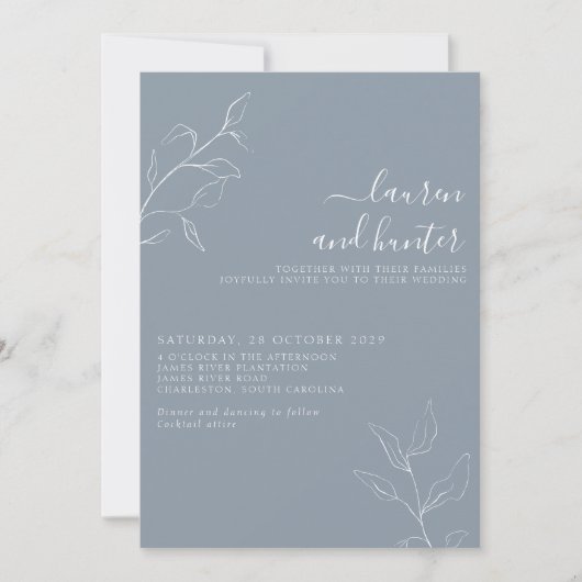 Modern Dusty Blue Script Botanical Wedding Invitat Kaart (Voorkant)