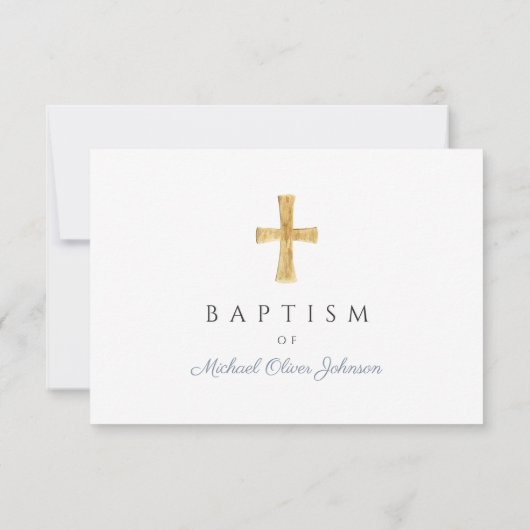 Modern Dusty Blue Script Cross Boy Doop RSVP Kaartje (Achterkant)