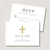 Modern Dusty Blue Script Cross Boy Doop RSVP Kaartje