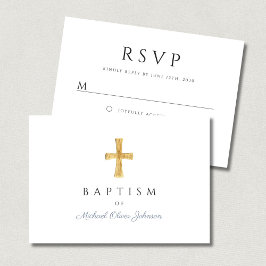 Modern Dusty Blue Script Cross Boy Doop RSVP Kaartje