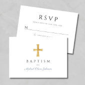 Modern Dusty Blue Script Cross Boy Doop RSVP Kaartje