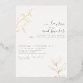 Modern Dusty Blue Script Gold Botanical Wedding Folie Uitnodiging (Voorkant)