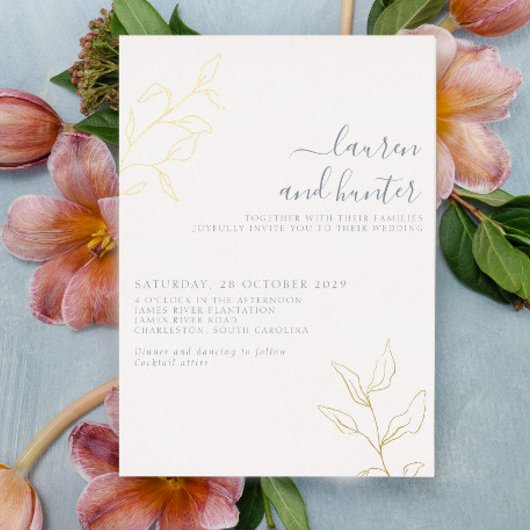 Modern Dusty Blue Script Gold Botanical Wedding Folie Uitnodiging