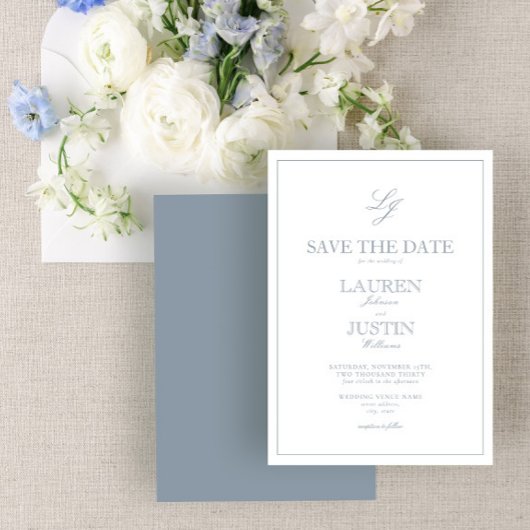 Modern Dusty Blue Script Monogram Sla de datum op Kaart