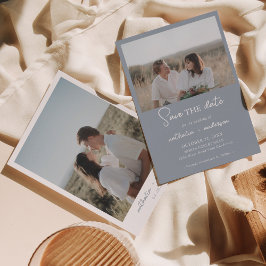 Modern Dusty Blue Script Photo Save the Date Kaart