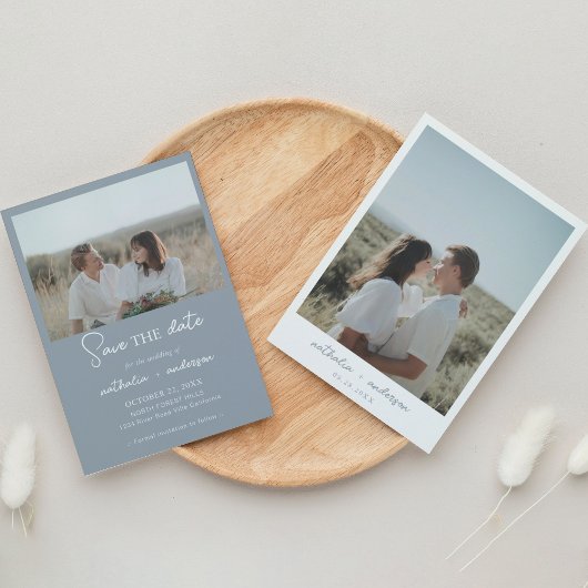 Modern Dusty Blue Script Photo Save the Date Kaart
