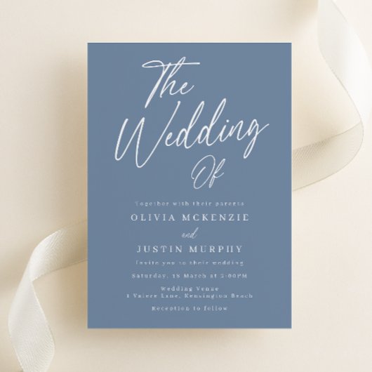 Modern Dusty Blue Script Wedding Kaart