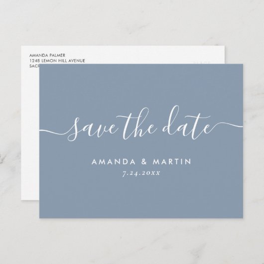Modern Dusty Blue Script Wedding Save the Date Aankondigingskaart (Voorkant / Achterkant)