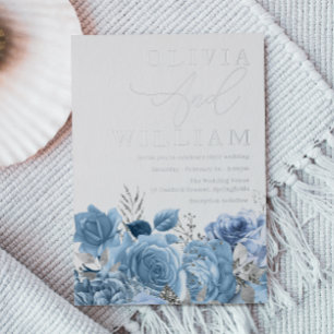 Modern Dusty Blue & Silver Floral Wedding Folie Uitnodiging