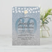 Modern Dusty BLue & Silver Glitter 60th Birthday Kaart (Staand voorkant)
