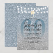 Modern Dusty BLue & Silver Glitter 60th Birthday Kaart (Voorkant / Achterkant)