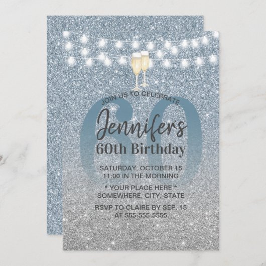 Modern Dusty BLue & Silver Glitter 60th Birthday Kaart (Voorkant / Achterkant)