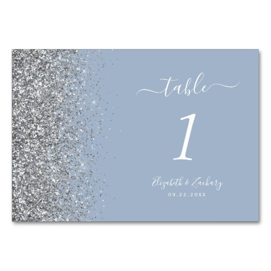 Modern Dusty Blue Silver Glitter Edge Wedding Kaart (Voorkant)