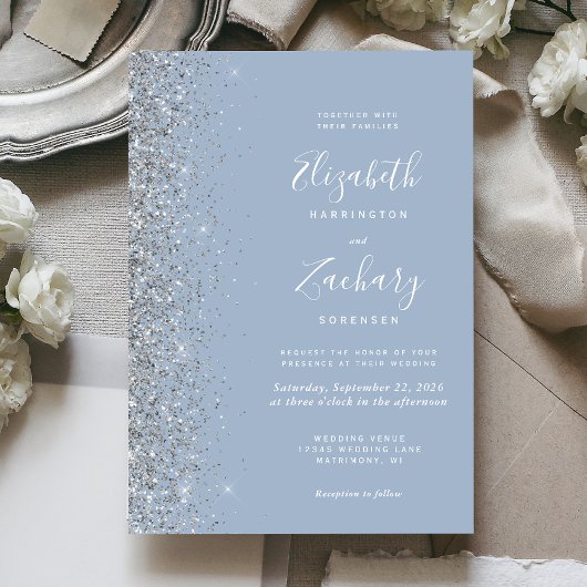 Modern Dusty Blue Silver Glitter Edge Wedding Kaart