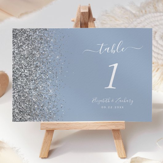 Modern Dusty Blue Silver Glitter Edge Wedding Kaart