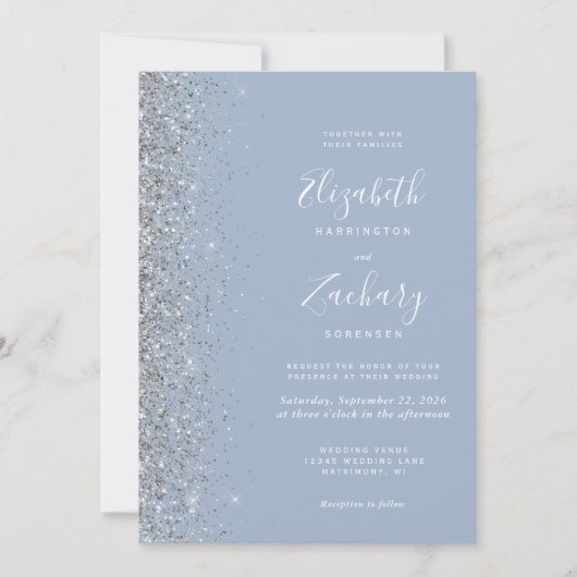 Modern Dusty Blue Silver Glitter Edge Wedding Kaart (Voorkant)