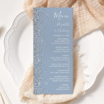 Modern Dusty Blue Silver Glitter Edge Wedding Menu<br><div class="desc">De linkerrand van dit elegante moderne trouwmenu is voorzien van een zilveren faux glitter-ontwerp. De aanpasbare tekst combineert witte handschrift,  copperplate en cursieve doopvonten op een stoffige blauwe achtergrond. De achterzijde is voorzien van een bijpassend dubieel en zilver glitter ontwerp.</div>