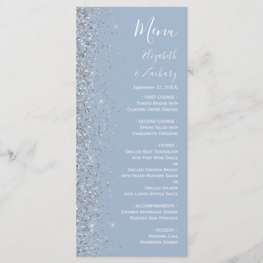 Modern Dusty Blue Silver Glitter Edge Wedding Menu (Voorkant)