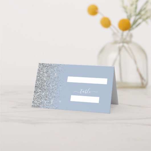 Modern Dusty Blue Silver Glitter Edge Wedding Plaatskaartje (Voorkant)