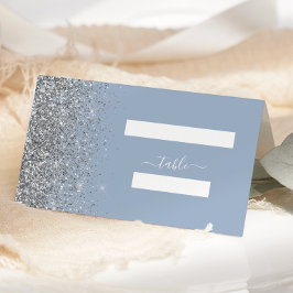 Modern Dusty Blue Silver Glitter Edge Wedding Plaatskaartje