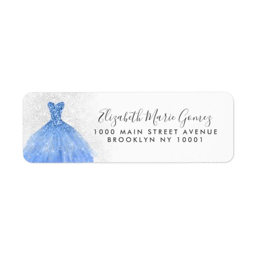 Modern Dusty Blue Silver Glitter Gown Quinceanera Etiket (Voorkant)