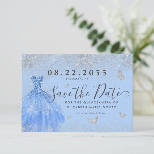 Modern Dusty Blue Silver Glitter Gown Quinceanera Save The Date (Staand voorkant)