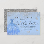 Modern Dusty Blue Silver Glitter Gown Quinceanera Save The Date (Voorkant / Achterkant)
