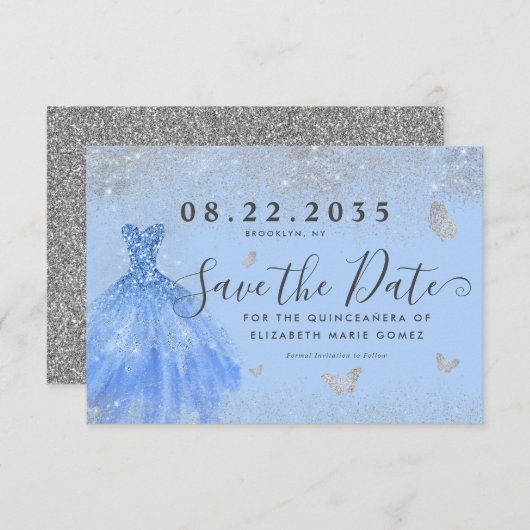 Modern Dusty Blue Silver Glitter Gown Quinceanera Save The Date (Voorkant / Achterkant)