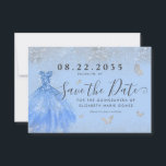 Modern Dusty Blue Silver Glitter Gown Quinceanera Save The Date<br><div class="desc">Modern Dusty Blue Silver Grey Princess Jurk Glitter Sparkle Butterfly 15e verjaardag Quinceanera Save the Date Uitnodiging</div>