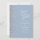 Modern Dusty Blue Silver Glitter Save the Date Aankondiging (Voorkant)