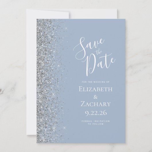 Modern Dusty Blue Silver Glitter Save the Date Aankondiging (Voorkant)
