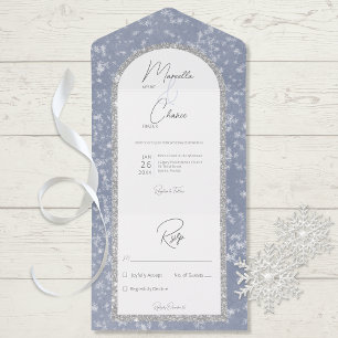 Modern Dusty Blue & Silver Glitter Sneeuw Geen Din All In One Uitnodiging