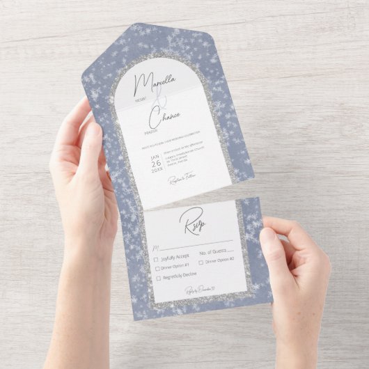Modern Dusty Blue & Silver Glitter Sneeuwdiner All In One Uitnodiging (Afscheurbaar)