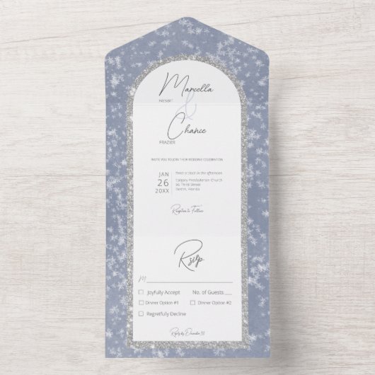 Modern Dusty Blue & Silver Glitter Sneeuwdiner All In One Uitnodiging (Binnen)