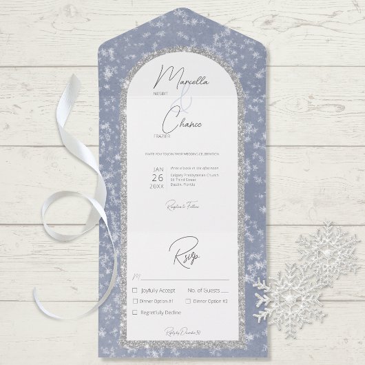 Modern Dusty Blue & Silver Glitter Sneeuwdiner All In One Uitnodiging