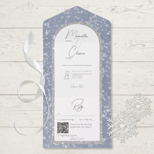 Modern Dusty Blue & Silver Glitter Snow QR Code All In One Uitnodiging
