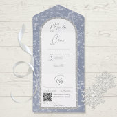 Modern Dusty Blue & Silver Glitter Snow QR Code All In One Uitnodiging