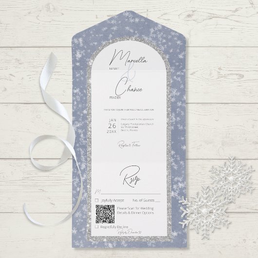 Modern Dusty Blue & Silver Glitter Snow QR Code All In One Uitnodiging