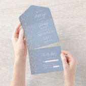Modern Dusty Blue Silver Glitter Wedding All In One Uitnodiging (Afscheurbaar)