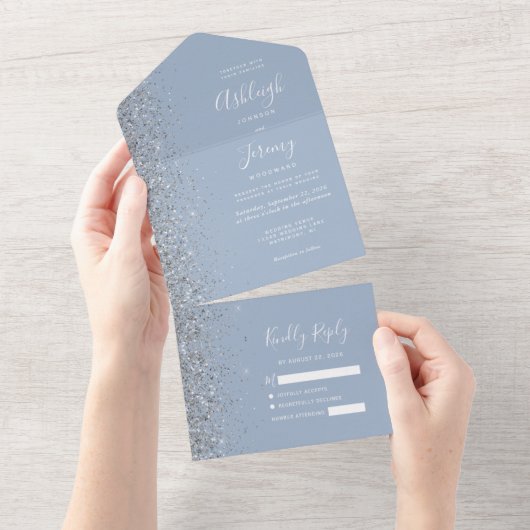 Modern Dusty Blue Silver Glitter Wedding All In One Uitnodiging (Afscheurbaar)