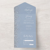 Modern Dusty Blue Silver Glitter Wedding All In One Uitnodiging (Binnen)