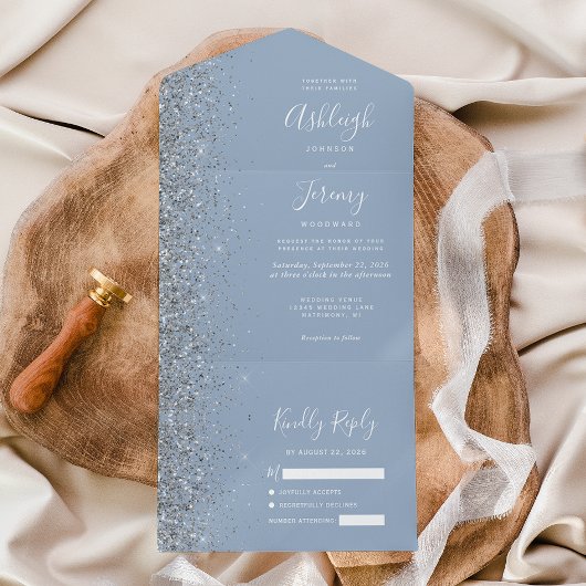 Modern Dusty Blue Silver Glitter Wedding All In One Uitnodiging