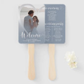 Modern Dusty Blue & Silver Heart Trouwprogramma Handwaaier (Voorkant en achterkant)