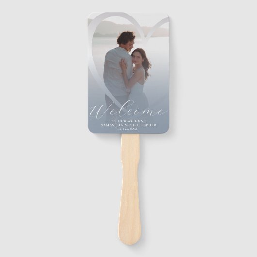 Modern Dusty Blue & Silver White bruiloft programm Handwaaier (Voorkant)