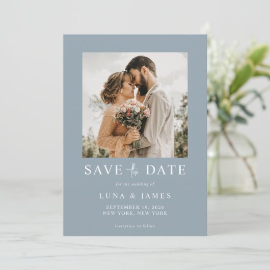 Modern Dusty Blue Simple Photo Wedding Save The Date (Staand voorkant)